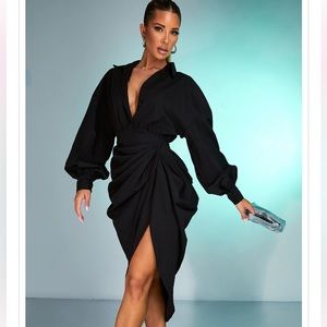 Black Balloon Sleeve Gathered Skirt Midi Shirt Dress